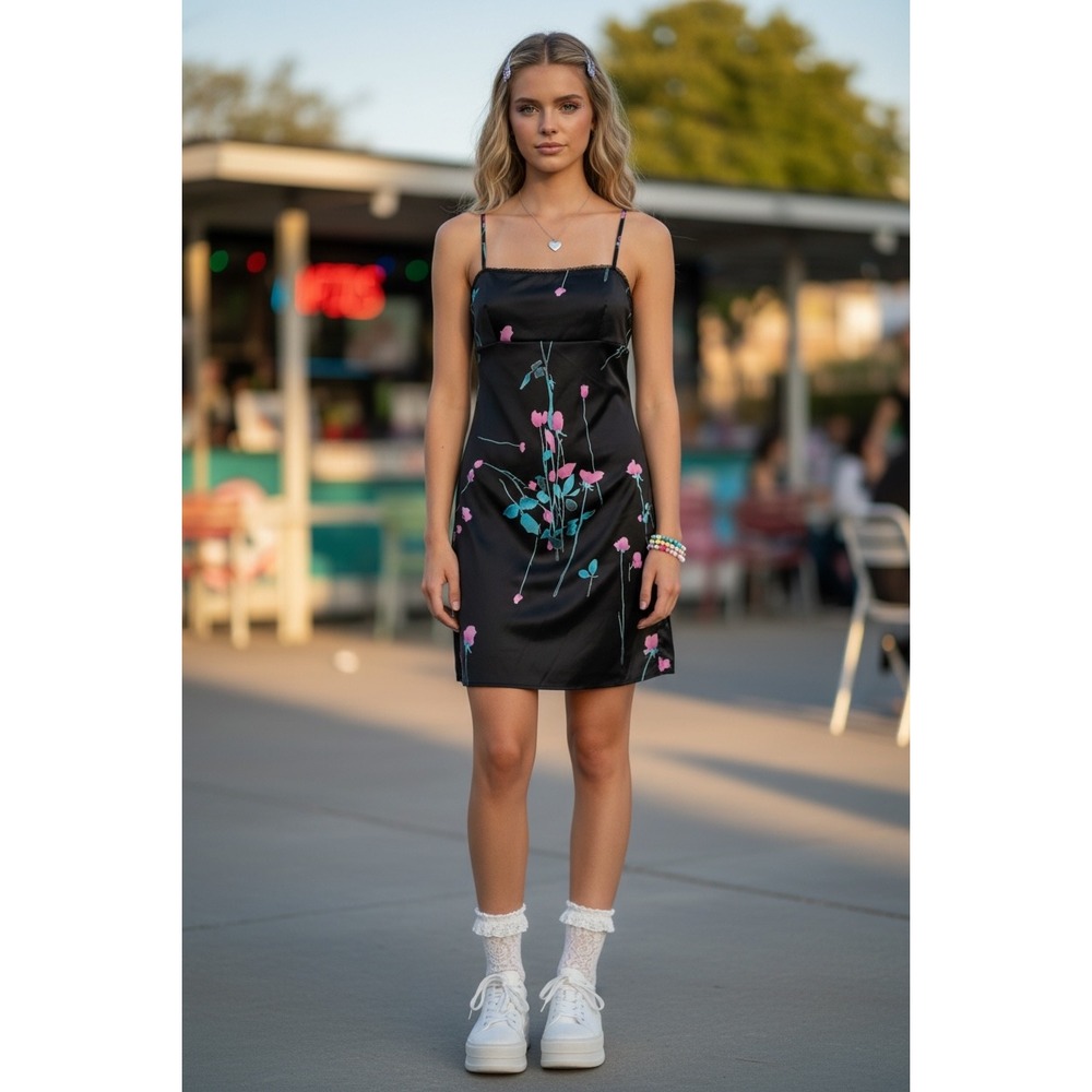 BCBG MaxAzria Dress Small Black Floral Rose Lace Trim 90s Y2K Mini Slip Dress